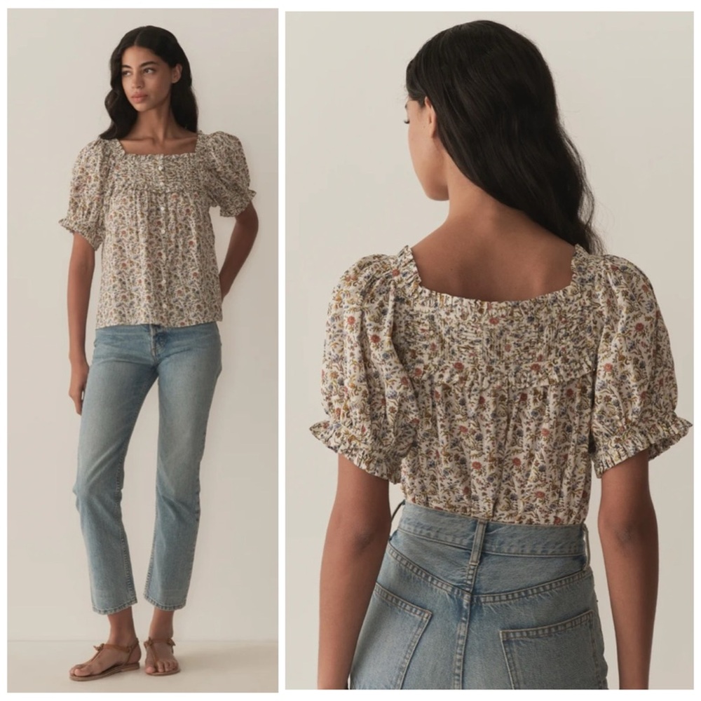 DÔEN Farley Top Jardin du Chateau Floral Puff Sleeve Smocked Blouse Size XS